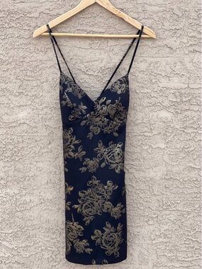 NWT - B. Darlin Black/Gold Floral lace up back Mini Dress - 3/4